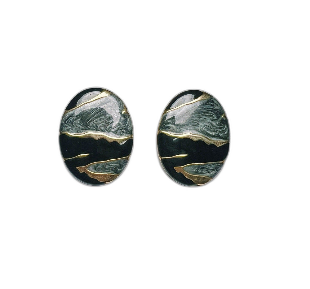 Vintage Earrings 80's Large Dark Academia Enamel Disc Jewelry